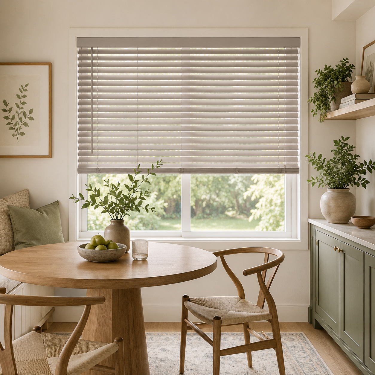 Basswood Limestone 50mm blinds installed in a stylish dining area