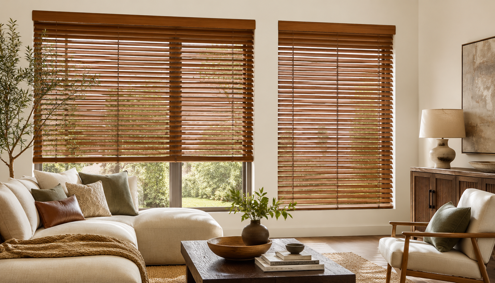 Basswood Walnut 50mm blinds installed in a modern room